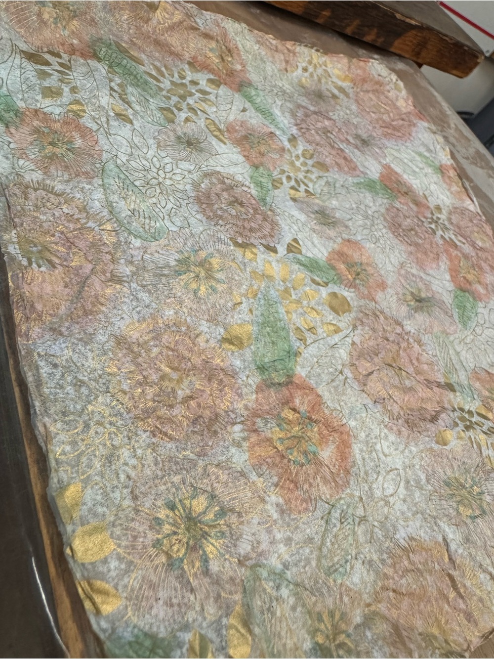 Floral Metallic Accent Faux Rice Paper in Peach, Green & Gold